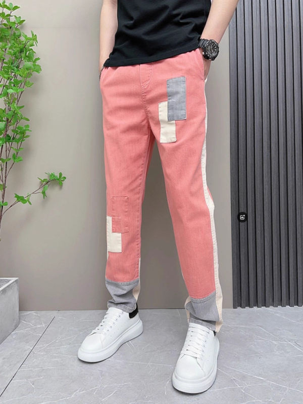 Jeans în stil coreean, cu patch-uri și blocuri de culoare, talie înaltă, închidere cu nasturi, croială dreaptă