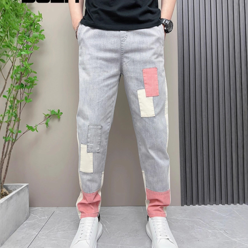 Jeans în stil coreean, cu patch-uri și blocuri de culoare, talie înaltă, închidere cu nasturi, croială dreaptă