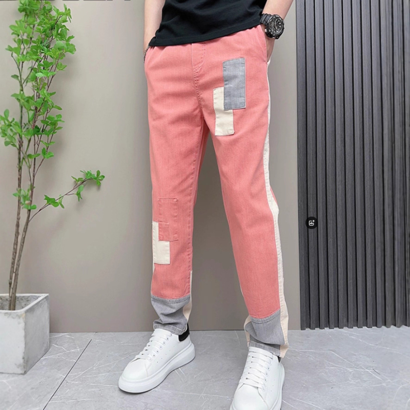 Jeans în stil coreean, cu patch-uri și blocuri de culoare, talie înaltă, închidere cu nasturi, croială dreaptă