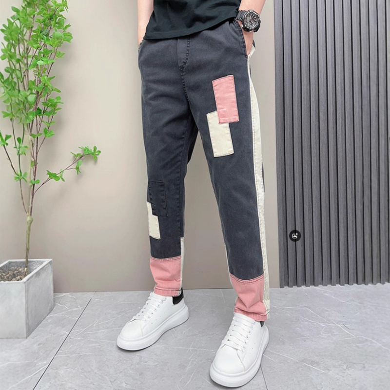 Jeans în stil coreean, cu patch-uri și blocuri de culoare, talie înaltă, închidere cu nasturi, croială dreaptă
