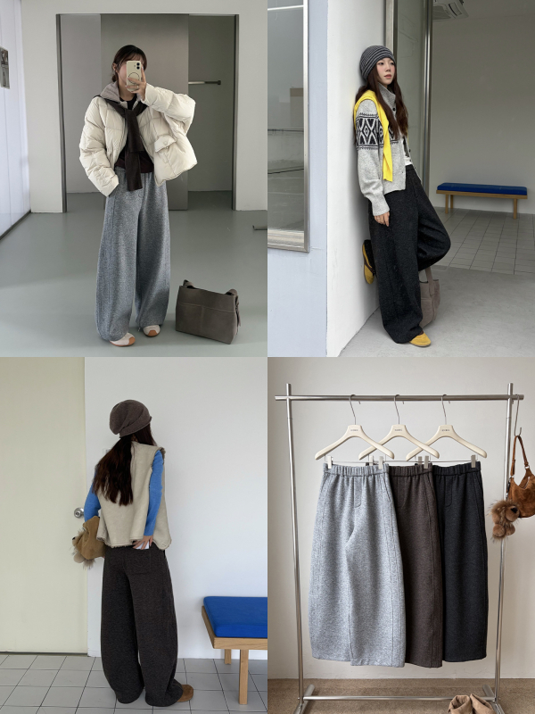 Dámske casual nohavice z polyesterovej zmesi (68% polyester, 12% akryl, 12% nylon, 5% vlna, 3% spandex); elastický pás; voľný minimalistický strih; zima 2025