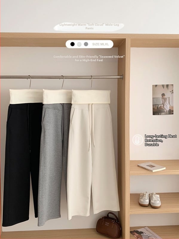 Ženské široké nohavice casual, hrubá sametová zmes polyester-viskóza, vysoký pás, mikroelastickosť, bez žehlenia