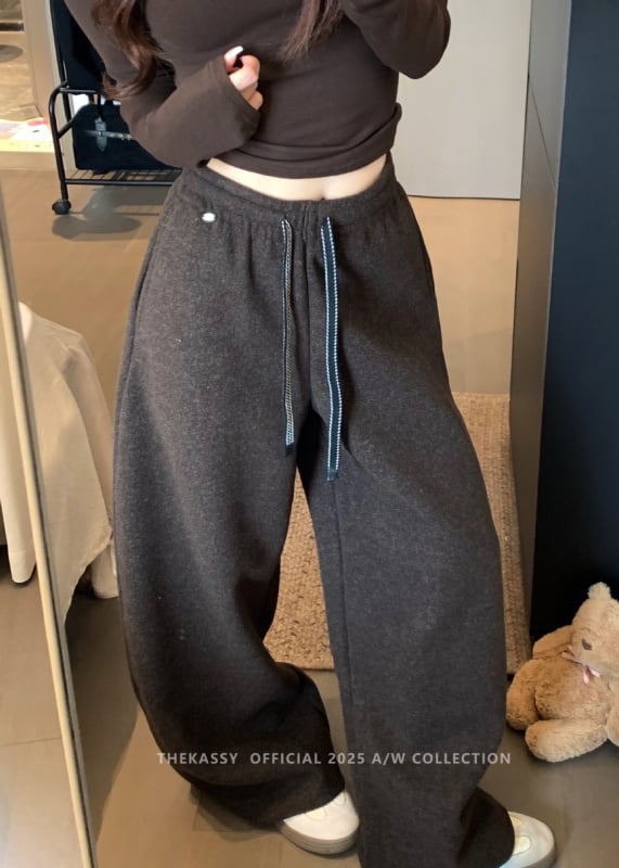 Casual nohavice, voľný strih v kórejskom štýle, fleece podšívka, elastický pás, viskózna vlákna s kompozitnou tkaninou