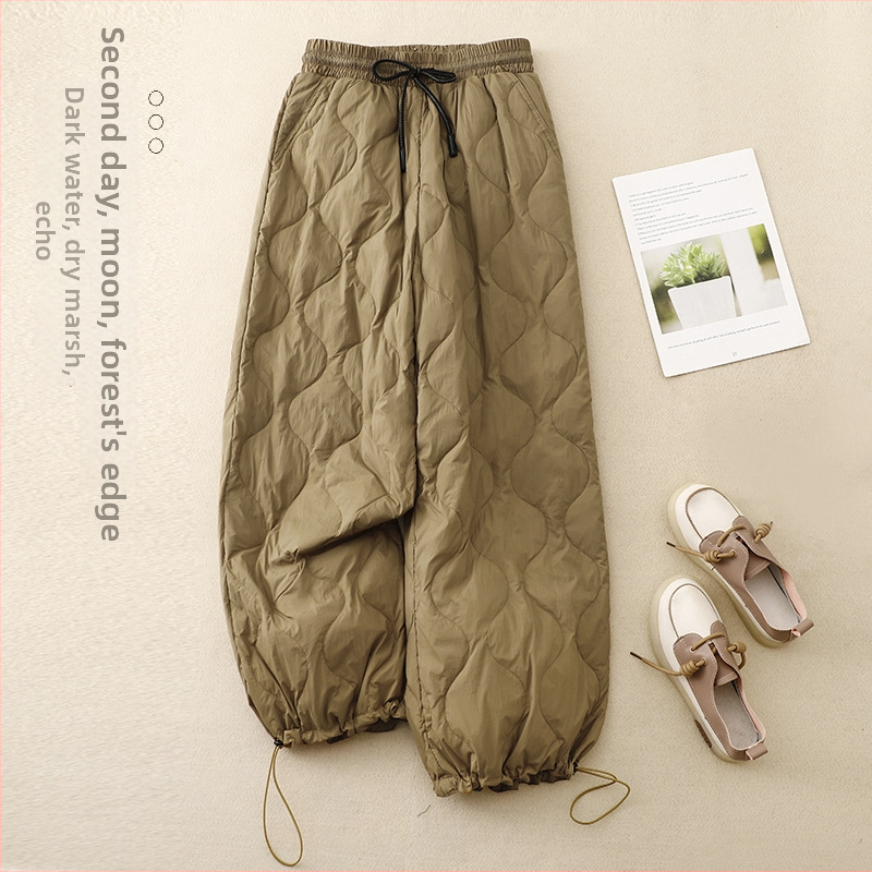 Naiste talvised puuvillased püksid, vaba lõige, kõrge vöökoht, keskmine paksus, puuvillane täidis, polüester-spandexkangas