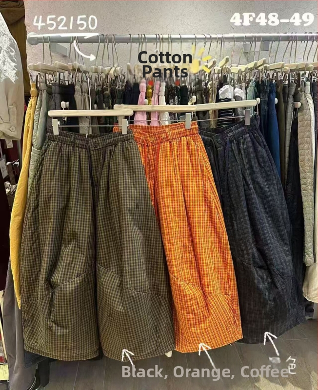 Puuvillased ruudulised laia lõikega püksid, lühike lõige, jaapani stiilis vaba stiil