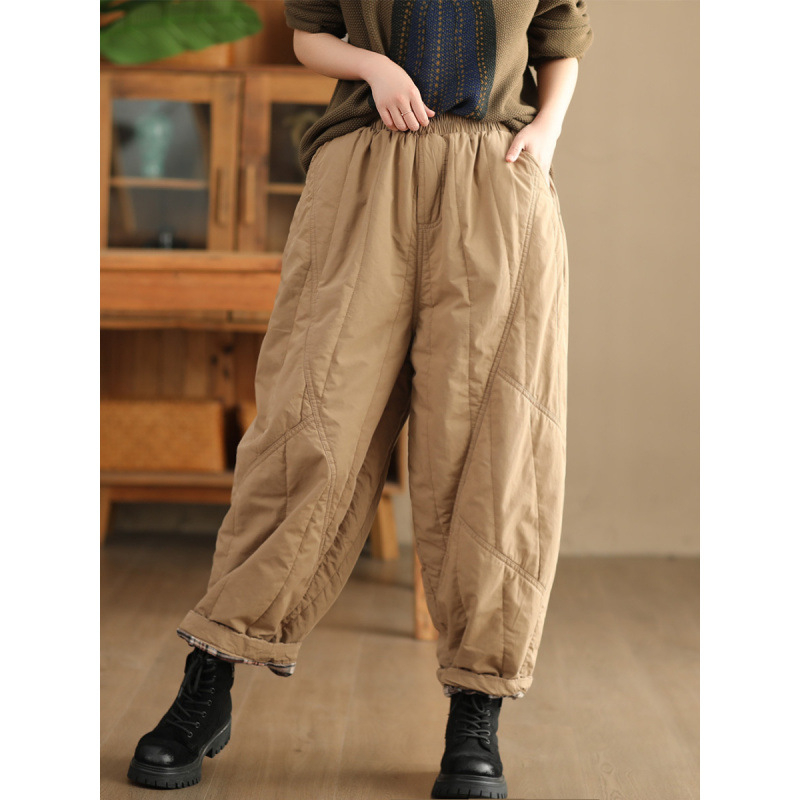 Sieviešu ziemas kokvilnas kapitone bikses, brīvs piegriezums, viduklis vidēja augstuma