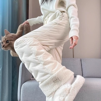 Női pamut nadrág magas derekú, egyenes szabású, Chenille anyag spandexszal, Nylon töltés, tavasz 2025