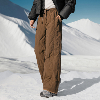 Női pehelyes nadrág, széles lábú, egyenes szabás, töltés 80–90% (34–40 g), nylon anyag 95%+, rugalmas derékrész, téli 2025