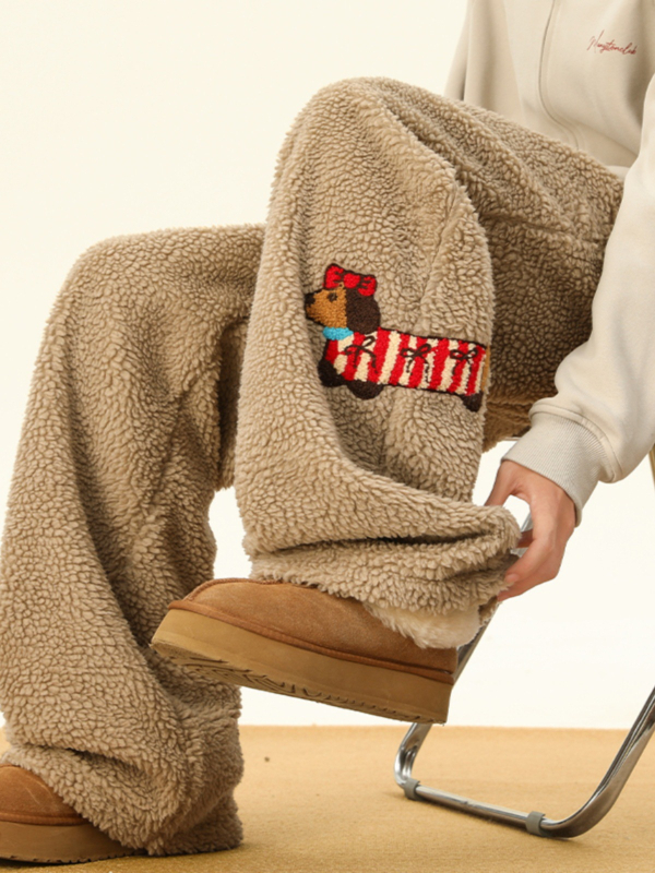 Muške casual udobne hlače s šivanom motivom štenca, poliester materijal, srednji pojas, šnira zatvaranje