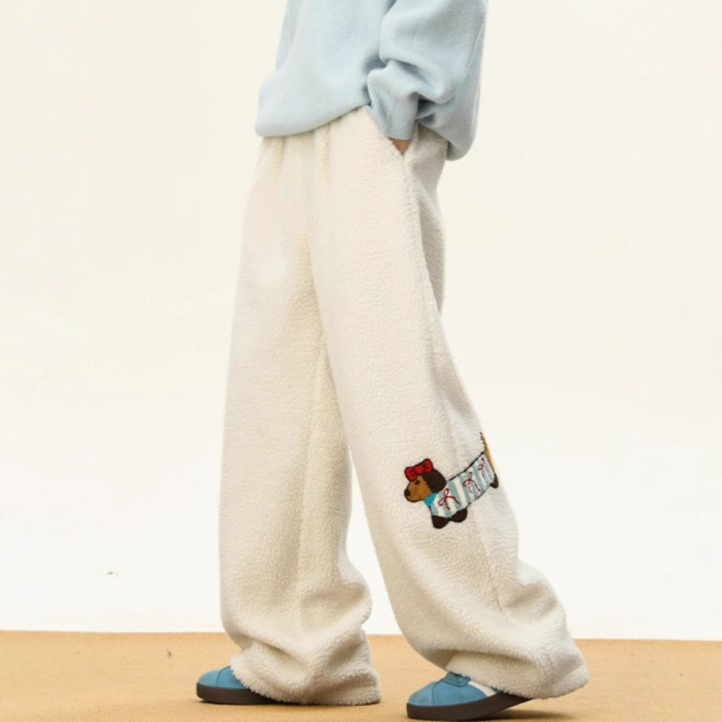 Muške casual udobne hlače s šivanom motivom štenca, poliester materijal, srednji pojas, šnira zatvaranje