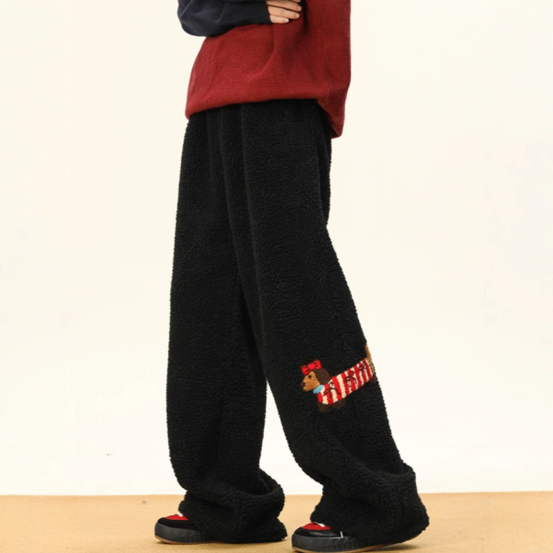 Muške casual udobne hlače s šivanom motivom štenca, poliester materijal, srednji pojas, šnira zatvaranje