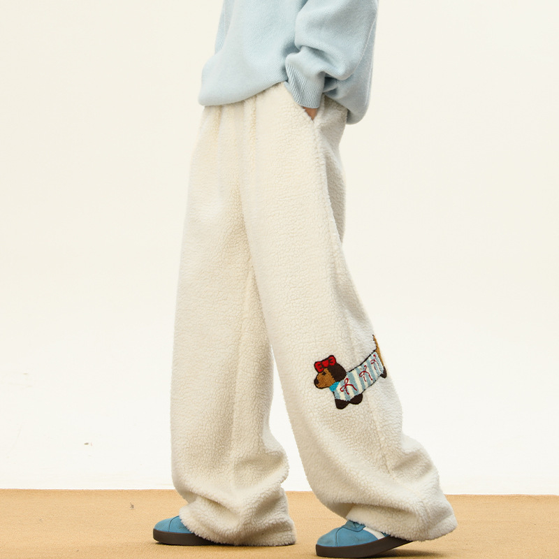 Muške casual udobne hlače s šivanom motivom štenca, poliester materijal, srednji pojas, šnira zatvaranje