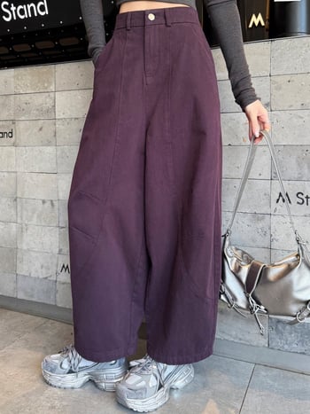 Smeđe ženske široke hlače od pamuka s zakrivljenim krojem, duljina 9/10, jesen-zima, fleece podstava, visokim strukom, stanjivanje siluete, veći broj veličina