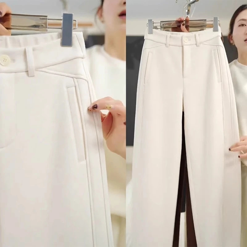 Ženske hlače ravnog kroja, jesen 2025, visoki struk, mješavina vlakana 70–80% polyester/vuna, standardne debljine, elegantan gradski stil
