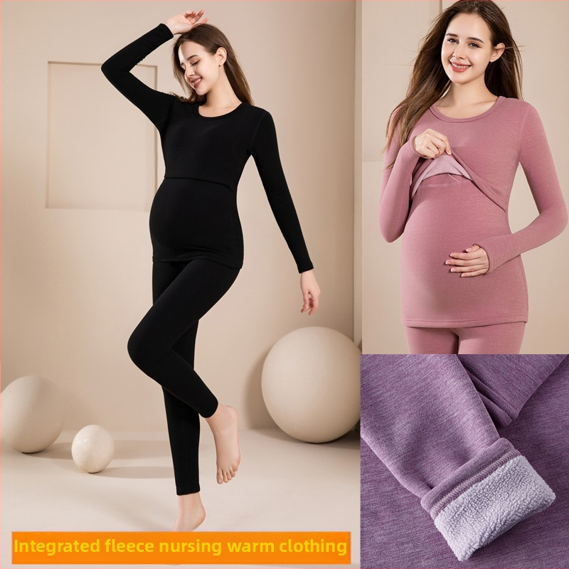 Teplý set pre tehotné s polar fleece podšívkou, top a nohavice na dojčenie, dlhé rukávy