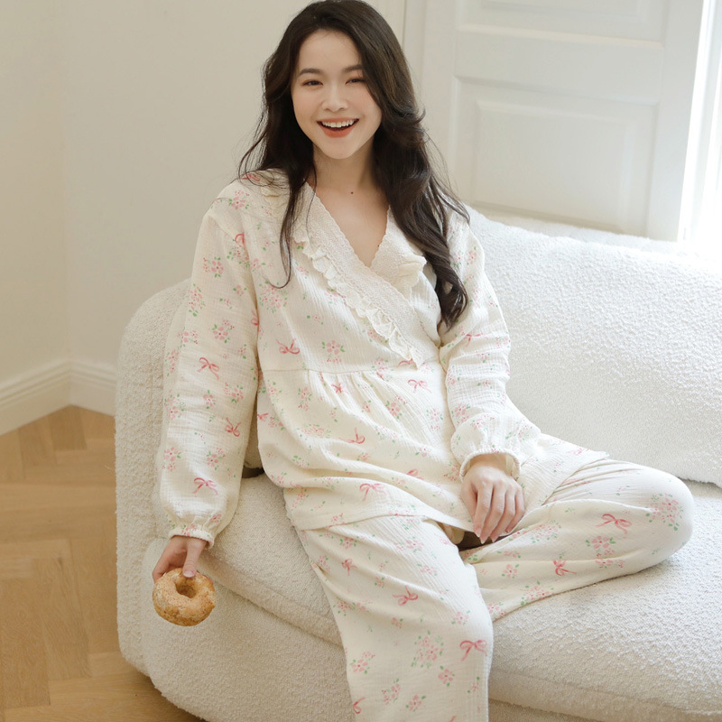 Géz pamut anyasági pizsama szett – hosszú ujjú felső és nadrág, 100% pamut, 161–180 g/m2, tavasz–ősz, édes, aranyos stílus