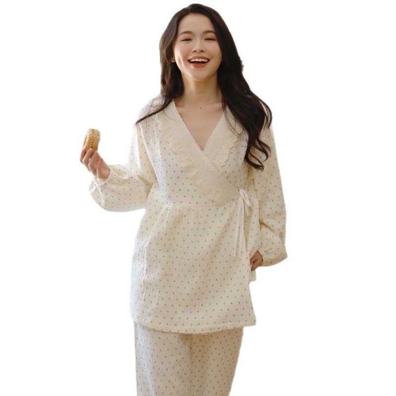 Géz pamut anyasági pizsama szett – hosszú ujjú felső és nadrág, 100% pamut, 161–180 g/m2, tavasz–ősz, édes, aranyos stílus