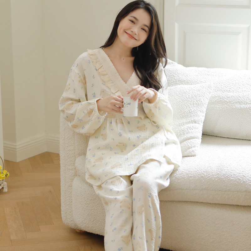 Σετ πιτζάμες για μητέρες και θηλάζουσες – από 100% βαμβακερή γάζα, μακριά μανίκια, παντελόνια, άνοιξη–φθινόπωρο, γλυκό και χαριτωμένο στυλ