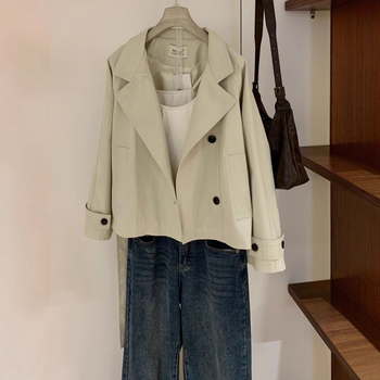 Ženski trench coat u korejskom stilu, pamuk materijal, pojas u struku, stojeći ovratnik, dugi rukavi, srednja duljina