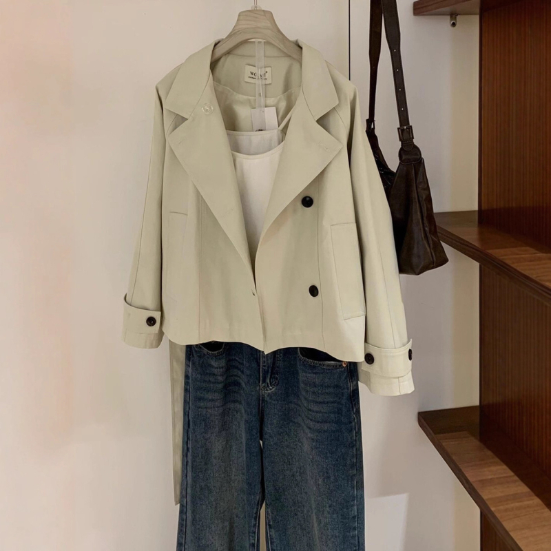 Ženski trench coat u korejskom stilu, pamuk materijal, pojas u struku, stojeći ovratnik, dugi rukavi, srednja duljina