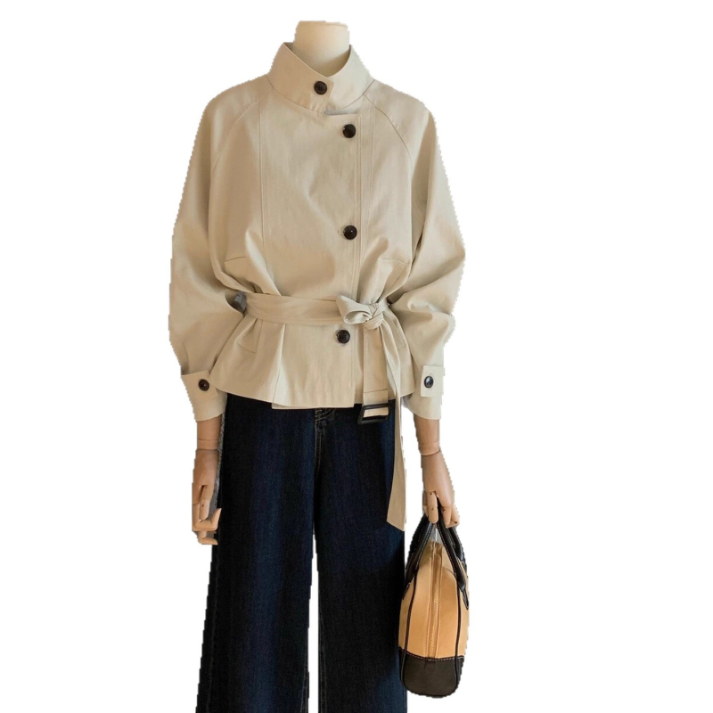 Ženski trench coat u korejskom stilu, pamuk materijal, pojas u struku, stojeći ovratnik, dugi rukavi, srednja duljina