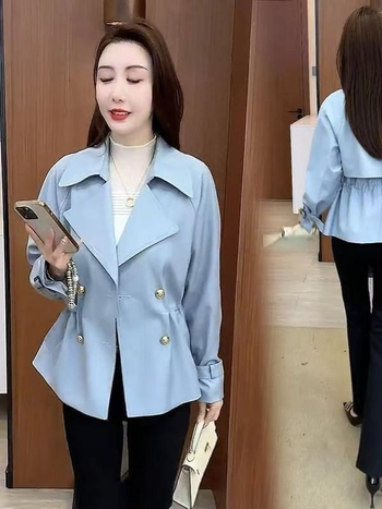 Palton femei windbreaker, guler stil sacou, mâneci lungi, talie, lungime obișnuită 50–65 cm