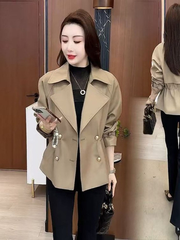 Palton femei windbreaker, guler stil sacou, mâneci lungi, talie, lungime obișnuită 50–65 cm