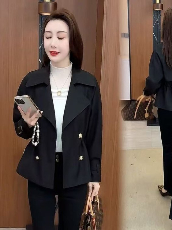 Palton femei windbreaker, guler stil sacou, mâneci lungi, talie, lungime obișnuită 50–65 cm