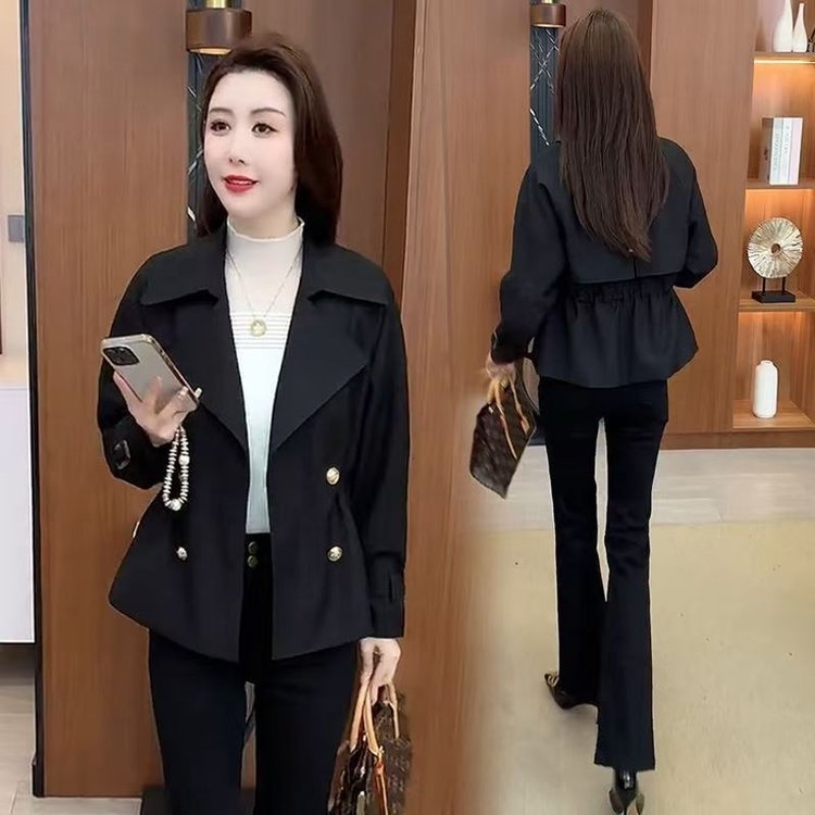 Palton femei windbreaker, guler stil sacou, mâneci lungi, talie, lungime obișnuită 50–65 cm