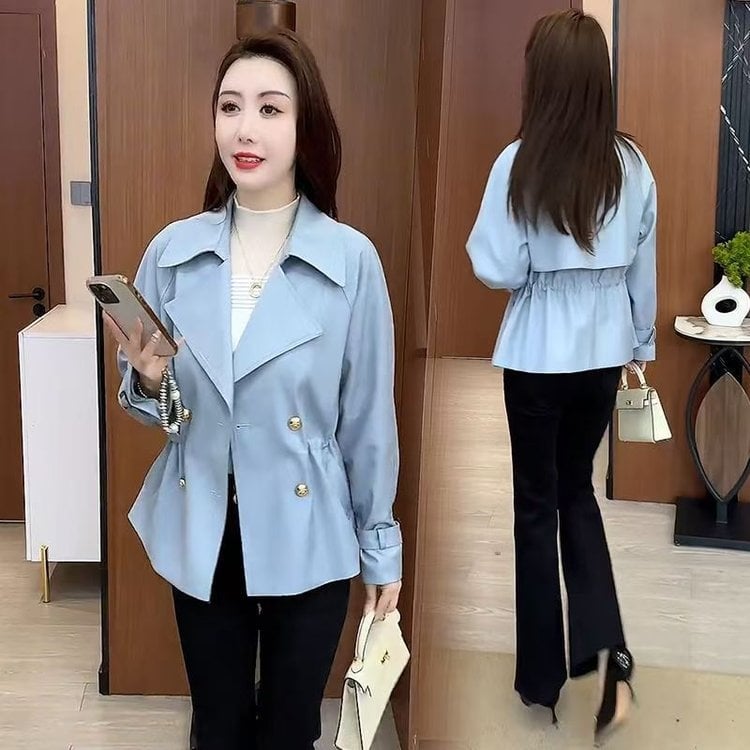 Palton femei windbreaker, guler stil sacou, mâneci lungi, talie, lungime obișnuită 50–65 cm