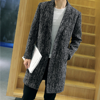 Palton lung bărbați cu rever, croială casual, cu nasturi pe un rând; țesătură din amestec cânepă-poliester, exterior 95% poliester și căptușeală 95% poliester