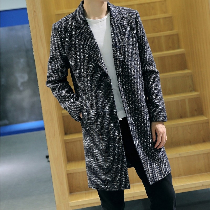 Palton lung bărbați cu rever, croială casual, cu nasturi pe un rând; țesătură din amestec cânepă-poliester, exterior 95% poliester și căptușeală 95% poliester