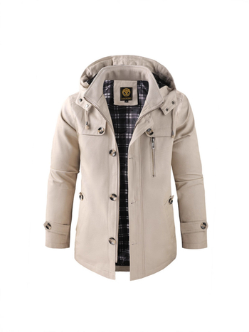 Jachetă de bumbac pentru bărbați, lungime medie, cu glugă, fermoar frontal, guler înalt, croială lejeră – stil workwear japonez, primăvară-toamnă