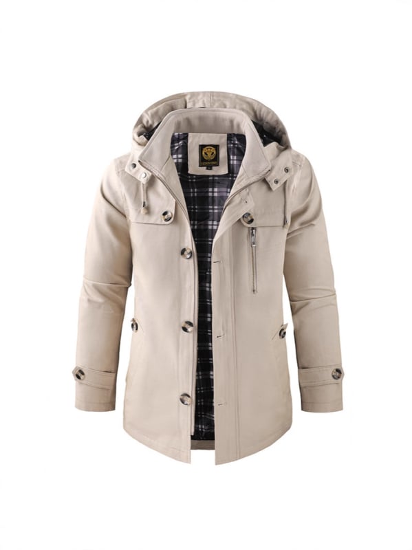 Jachetă de bumbac pentru bărbați, lungime medie, cu glugă, fermoar frontal, guler înalt, croială lejeră – stil workwear japonez, primăvară-toamnă
