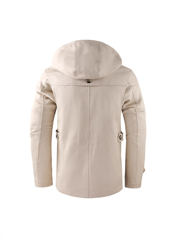 Jachetă de bumbac pentru bărbați, lungime medie, cu glugă, fermoar frontal, guler înalt, croială lejeră – stil workwear japonez, primăvară-toamnă