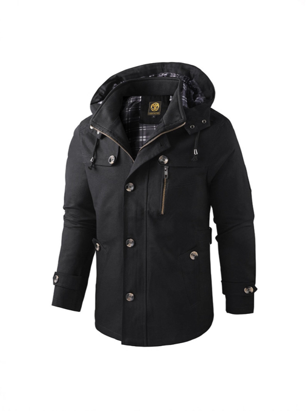 Jachetă de bumbac pentru bărbați, lungime medie, cu glugă, fermoar frontal, guler înalt, croială lejeră – stil workwear japonez, primăvară-toamnă