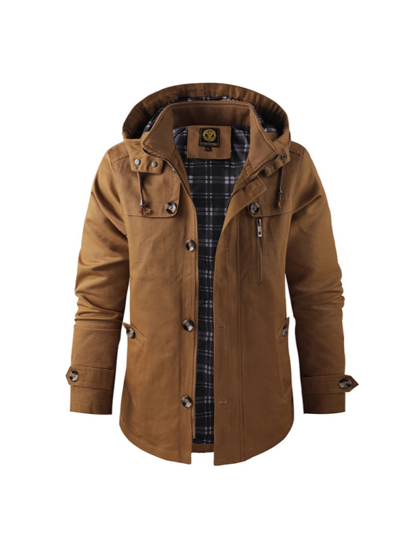 Jachetă de bumbac pentru bărbați, lungime medie, cu glugă, fermoar frontal, guler înalt, croială lejeră – stil workwear japonez, primăvară-toamnă