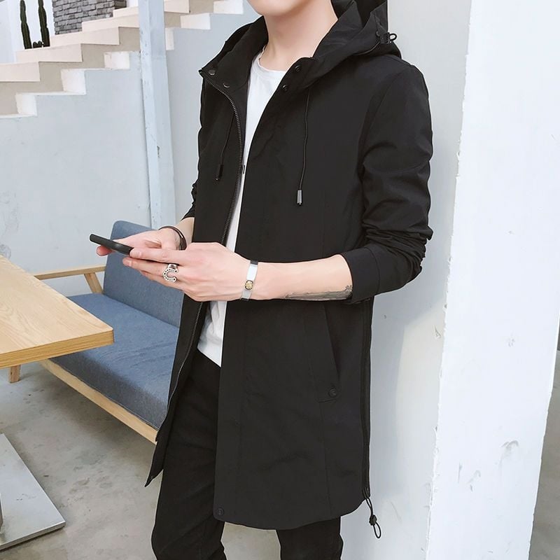 Palton bărbătesc cu glugă, lungime medie, croială Slim, guler înalt; material Modal, păr de iepure, căptușeală poliester