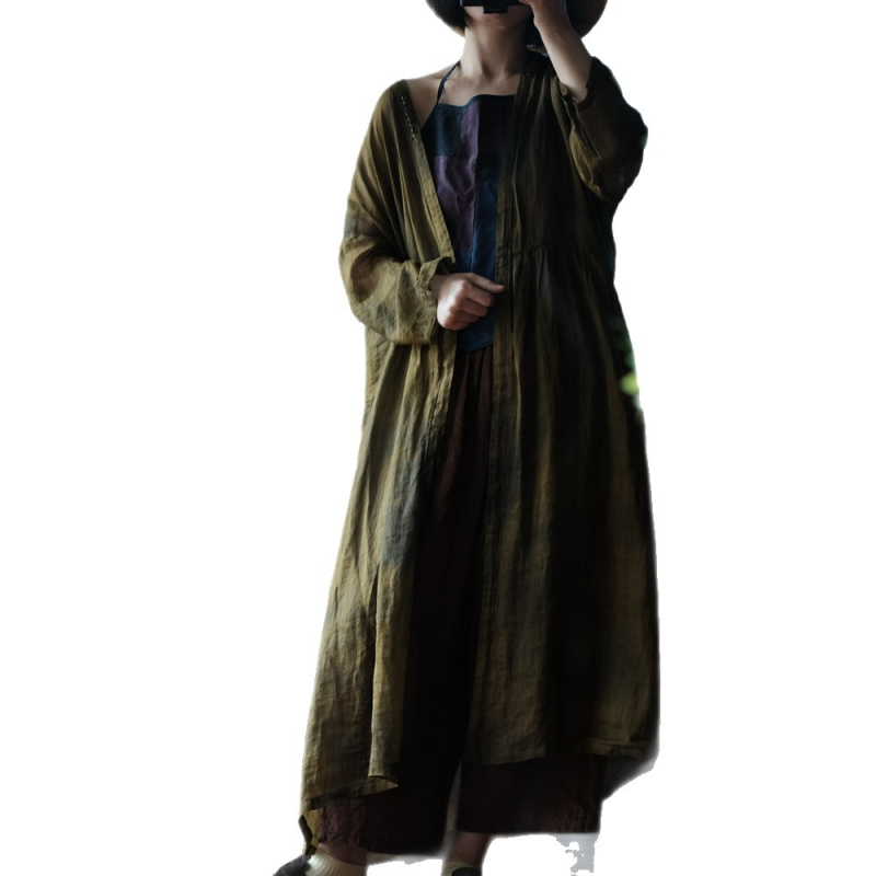 Geacă de damă din ramie, croială lejeră, lungime lungă, fără guler, mâneci lungi, stil literar retro.