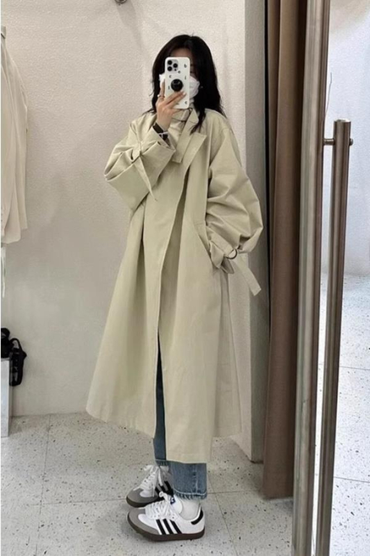 Ženski trench kaput s remenom – chenille tkanina s elastanom <30% – stojeći ovratnik, princeza rukavi, proljeće 2025