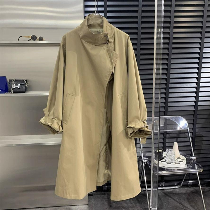 Ženski trench kaput s remenom – chenille tkanina s elastanom <30% – stojeći ovratnik, princeza rukavi, proljeće 2025