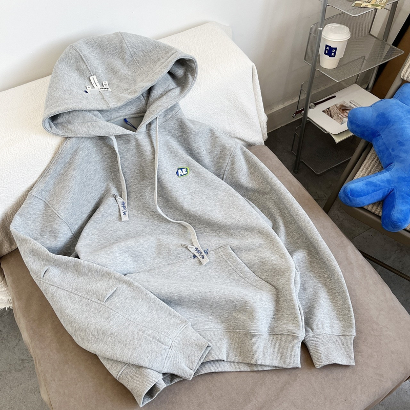 ADERH Hoodie od flisa s našivenim slovima, široka silueta, korejski stil, unisex