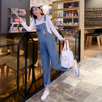 Σετ εγκυμοσύνης από τζιν παντελόνια με τιράντες, ελαφρώς φαρδιά γραμμή, υποστήριξη κοιλιάς, denim ύφασμα με 90–95% πολυεστέρα, άνοιξη 2024