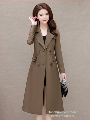 Ženski trench coat srednje dolžine, korejski stil uski kroj, poliester, 3D vzorec, ovratnik sakoa