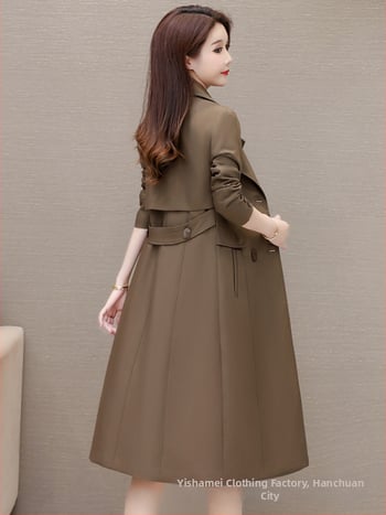 Ženski trench coat srednje dolžine, korejski stil uski kroj, poliester, 3D vzorec, ovratnik sakoa