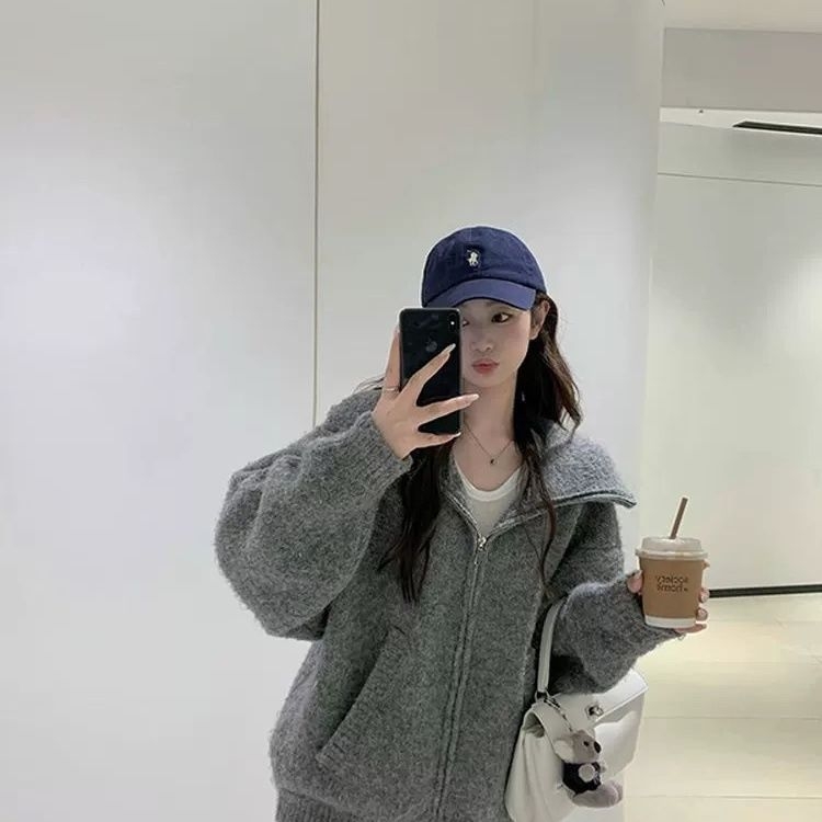 Pamukasti kardigan s kapuljačom i zatvaračem, široka silueta, dugi rukavi, za jesen-zimu