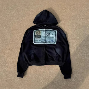 Ispisani kapuljačasti zip hoodie, pulover stil, srednja duljina, dugi rukavi, tkanina viskoze s 90–95% poliestera