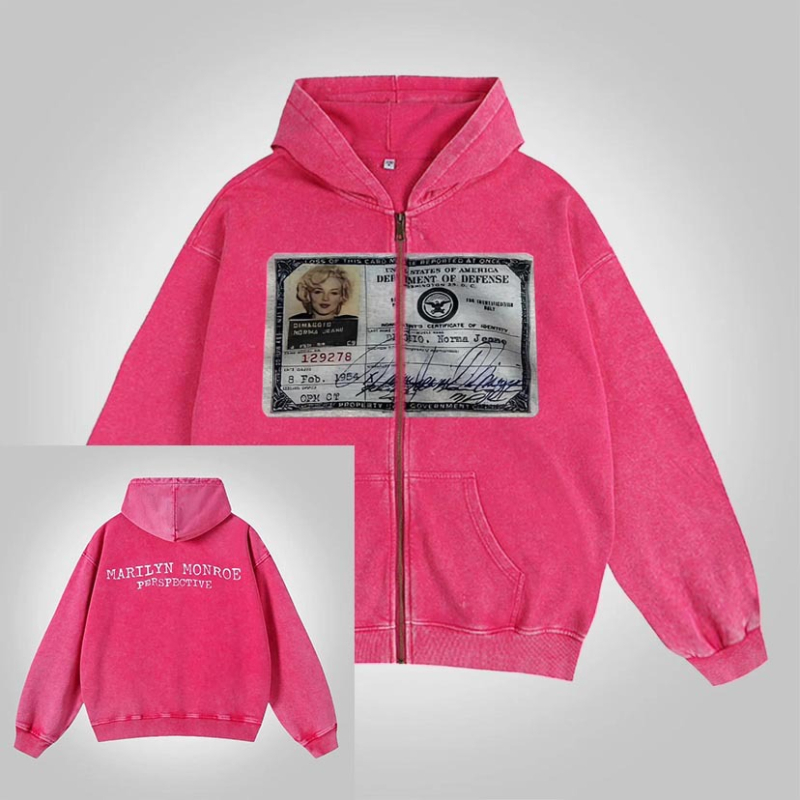 Ispisani kapuljačasti zip hoodie, pulover stil, srednja duljina, dugi rukavi, tkanina viskoze s 90–95% poliestera