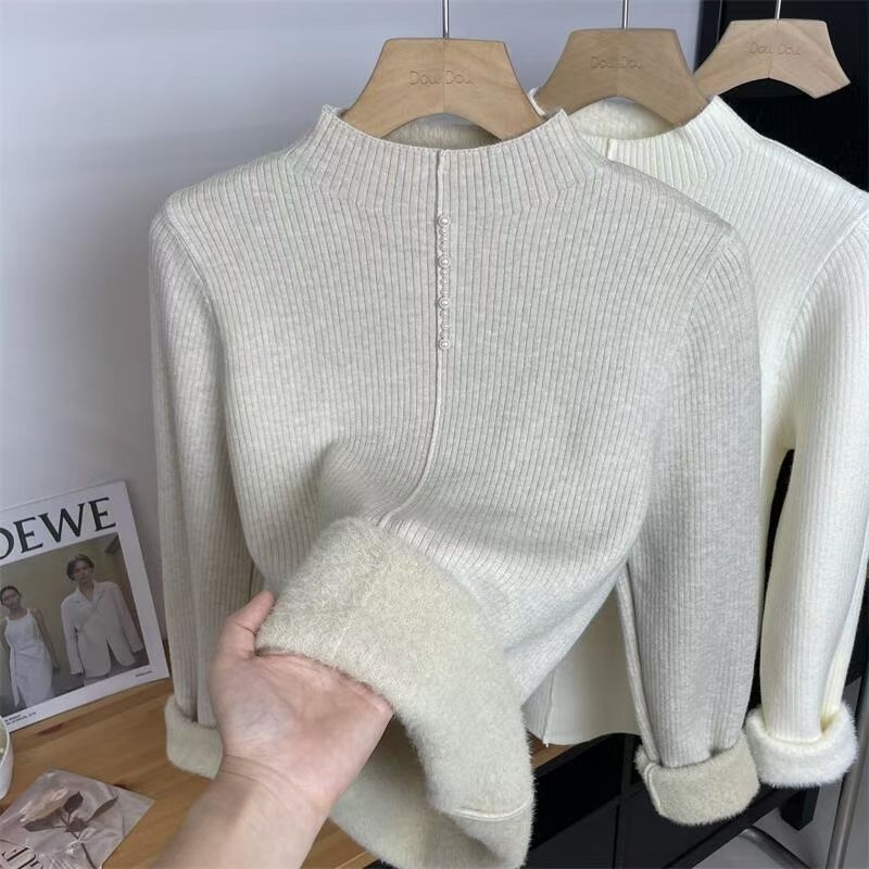 Ženski pleteni džemper od ice silk, uobičajene debljine, pola visokog ovratnika, rukavi princeze