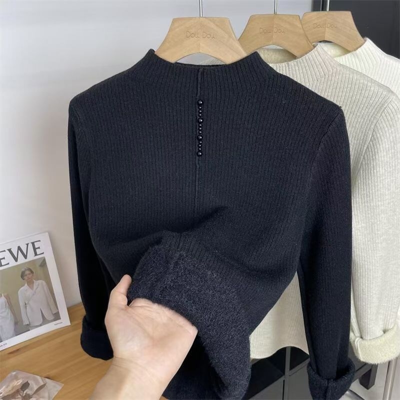 Ženski pleteni džemper od ice silk, uobičajene debljine, pola visokog ovratnika, rukavi princeze